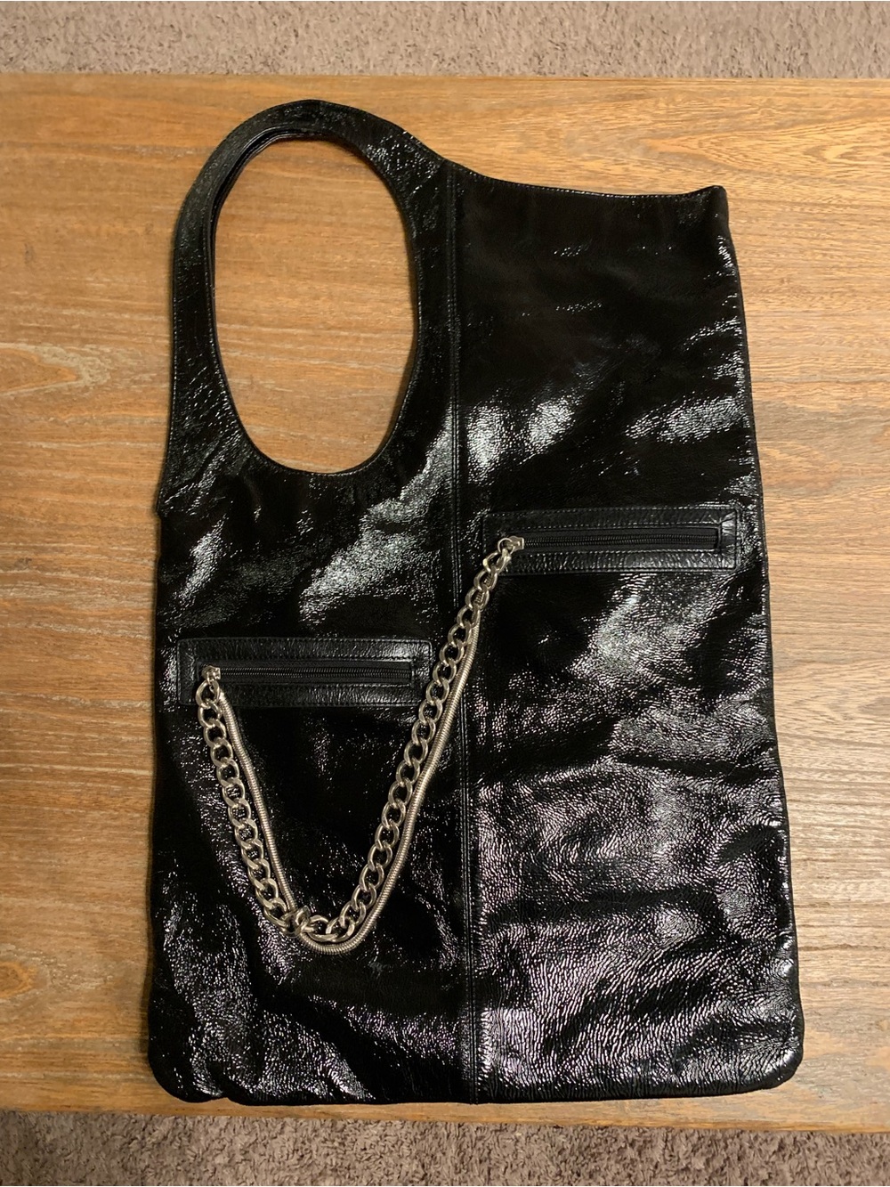Hobo Black Patent Leather Hobo Shoulder Bag with Silver Chain Strap